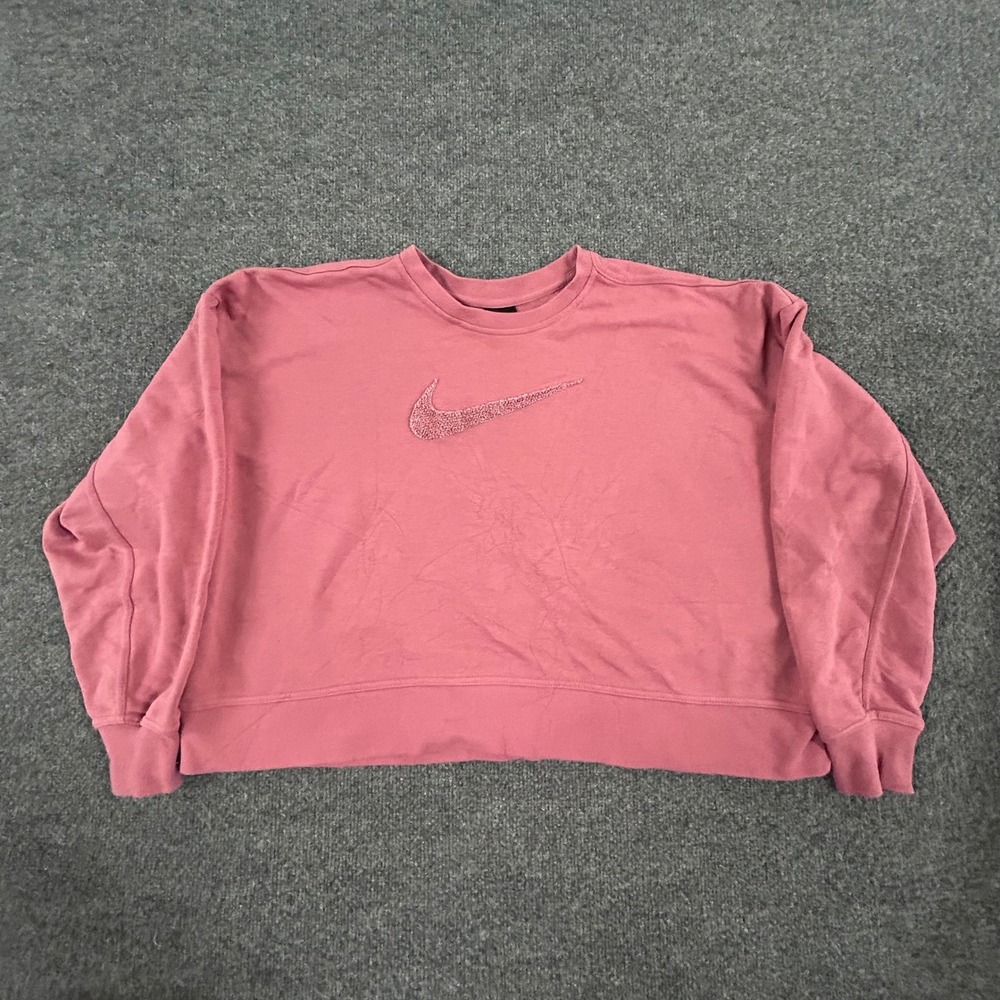 Nike Sweatshirt Womens Size L Pink Cropped Center Swoosh Embroidered Pullover